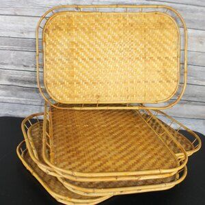 5  Woven Bamboo Rattan Wicker Serving Tray Tiki Bar Vintage Boho Rectangle MCM